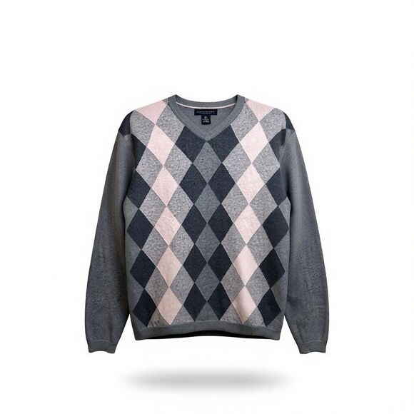 Banana Republic V-Neck Sweater Argyle Pink Gray Silk Cashmere Elbow Patch Small - Picture 1 of 10